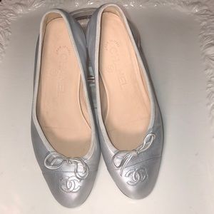 Chanel Ballet Slippers Silver Leather Flats
